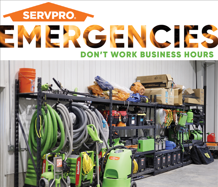 Fire Cleanup Equipment in shop with wording "Emergencies Don't work business hours" with SERVPRO logo