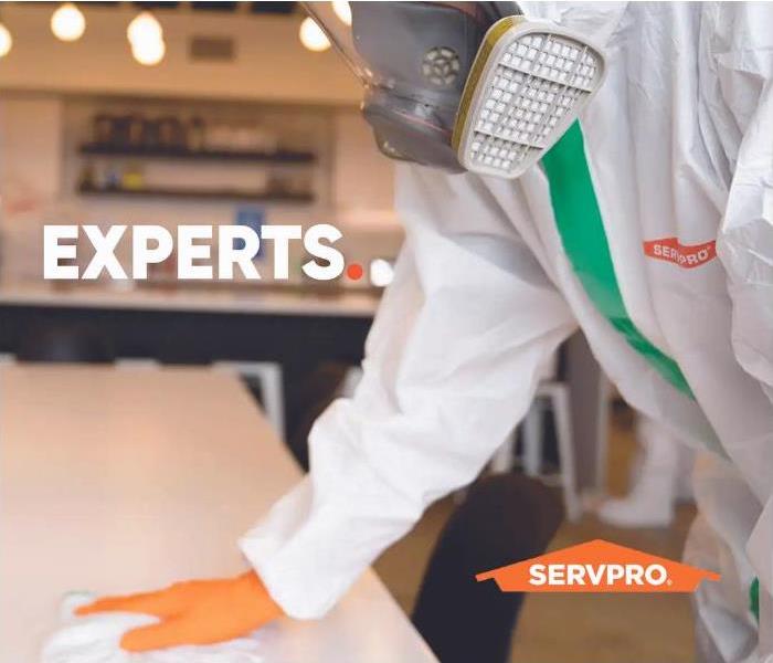Person in SERVPRO suit cleaning with SERV PRO logo and text "Experts."